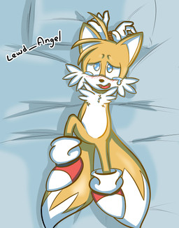 anthro arms_tied bed bed_sheet bedding bedding_background bodily_fluids bound clothing crying featureless_crotch footwear fur furniture gloves handwear lying male multicolored_tail nervous nervous_smile on_back pillow shoes socks solo tail tears yellow_body yellow_fur young young_male lewd_angel sega sonic_the_hedgehog_(series) miles_prower canid canine fox mammal hi_res