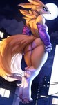2023 9:16 anthro armwear bandai_namco breasts butt canid city clothing cloud digimon digimon_(species) digital_media_(artwork) dipstick_ears ear_markings feet female fingers full_moon fur hi_res kawfee looking_at_viewer mammal moon mostly_nude multicolored_ears night outside power_lines rear_view renamon solo toes