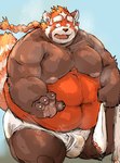 anthro balls_outline belly blush brown_body bulge clothing detailed_bulge genital_outline humanoid_hands kemono male moobs navel nipples obese obese_male orange_body overweight overweight_male penis_outline sitting solo towel underwear kotobuki lifewonders tokyo_afterschool_summoners zhurong_(tas) ailurid mammal red_panda 2021