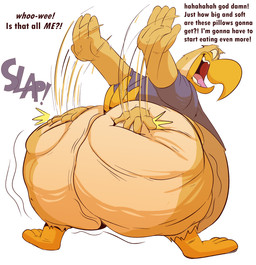 3_toes 4_fingers after_vore anthro beak belly belly_overhang big_butt black_text butt butt_focus cellulite clothing exclamation_point feathers feet fingers head_tuft impact_lines laugh looking_at_butt looking_pleasured male male_pred motion_blur motion_lines obese obese_anthro obese_male open_beak open_mouth overweight overweight_anthro overweight_male post_vore_weight_gain purple_clothing purple_shirt purple_text purple_topwear question_mark shirt solo tail tail_feathers talking_to_self teeth text toes tongue topwear tuft vore weight_gain yellow_body yellow_feathers sharkavian accipitrid accipitriform avian bird eagle mammal