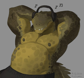 anthro areola belly bottomwear brown_body clothing countershade_torso countershading electronics eyes_closed hands_behind_head headphones male musclegut muscular musical_note musical_symbol navel nipples pants scales sharp_teeth simple_background snout solo spiked_tail spikes spikes_(anatomy) symbol tail teeth yellow_torso ruguard alligator alligatorid crocodilian reptile scalie 2026 dated hi_res signature