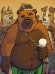 anthro belly black_nose blue_eyes bottomwear clothing dessert food green_eyes group humanoid_hands ice_cream male overweight overweight_male shorts tongue tongue_out k-9 bear canid canine canis domestic_dog mammal 2022 hi_res