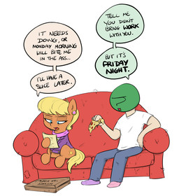 ?_face blonde_hair blue_eyes clothed clothing dialogue duo ear_piercing female feral food furniture hair male piercing pizza simple_background sitting sofa text shoutingisfun friendship_is_magic hasbro my_little_pony anon ms._harshwhinny_(mlp) earth_pony equid equine horse human mammal pony 2017 english_text