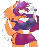 5_fingers anthro big_breasts biped black_nose bottomwear bra breasts clothed clothing curvy_figure eyebrows eyelashes female fingers fluffy fluffy_tail fur hair midriff open_mouth purple_eyes simple_background skirt smile solo tail thick_thighs tongue underwear voluptuous white_background wide_hips fyxe_(artist) fyxe canid canine fox mammal 5:6