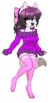 accessory anthro black_hair bow_(feature) bow_accessory bow_ribbon bra_strap centered_hair_bow clothed clothing female fur hair hair_accessory hair_bow hair_ribbon legwear looking_at_viewer panties purple_clothing purple_eyes purple_panties purple_underwear ribbons simple_background smile solo standing stockings sweater topwear underwear white_background white_body white_fur the_search_for_lost_wings aggie arctic_fox canid canine fox mammal true_fox 2017 digital_media_(artwork)