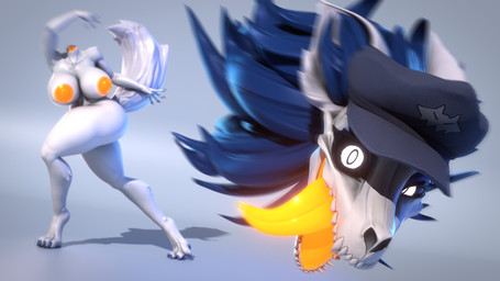 4_toes 5_fingers anthro areola big_breasts black_sclera blue_hair blue_pawpads bone breasts claws clothing detachable detachable_head digitigrade disembodied_head feet female fingers fluffy fluffy_tail fur hair hat hat_only headgear headgear_only headwear headwear_only mostly_nude mostly_nude_anthro mostly_nude_female motion_blur nipples orange_areola orange_nipples orange_tongue pawpads skull skull_head solo tail teeth thick_thighs throwing throwing_head toe_claws toes tongue tongue_out white_body white_eyes white_fur vllrukkin da.nilkaz_(modeler) jisoo_(tianiseul) canid canine mammal skulldog_(species) 16:9 2026 3d_(artwork) 4k absurd_res digital_media_(artwork) hi_res widescreen