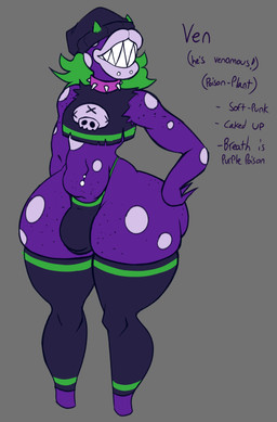 2_horns alternative_fashion anthro anthrofied beanie belly big_butt black_beanie black_clothing black_hat black_headwear black_legwear black_shirt black_thigh_highs black_topwear bulge butt clothing collar crop_top crop_top_overhang eyeless facial_piercing featureless_feet feet femboy green_hair green_horn grey_background hair hand_on_hip hat headgear headwear horn huge_butt legwear lip_piercing lips male markings medium_hair messy_hair navel navel_piercing piercing plant punk purple_body sharp_teeth shirt simple_background skindentation skull_print solo spiked_collar spikes spots spotted_body teeth text thick_lips thick_thighs thigh_highs topwear wide_hipped_anthro wide_hipped_male wide_hips cryptiacurves mario_bros nintendo ven_(cryptiacurves) elemental_creature elemental_humanoid flora_fauna humanoid piranha_plant plant_humanoid character_name digital_drawing_(artwork) digital_media_(artwork) english_text full-length_portrait model_sheet portrait