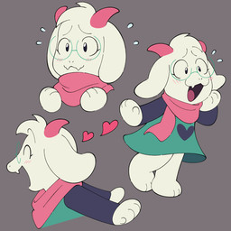 2_horns anthro barefoot black_eyes blush bodily_fluids clothed clothing dress eyewear fangs feet fingers floppy_ears flying_sweatdrops fully_clothed fur glasses happy heart_symbol horn male open_mouth pink_horn scarf simple_background solo sweat sweatdrop teeth tuft white_body white_fur luaudrey deltarune undertale_(series) ralsei bovid caprine darkner goat mammal 1:1 2022 hi_res