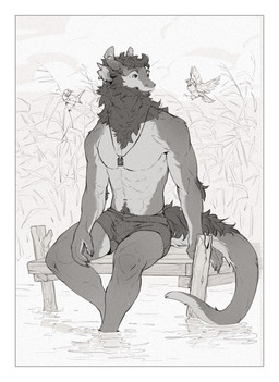 abs anthro arm_tuft border claws clothed clothing ear_piercing ear_ring elbow_tuft finger_claws fur horn jewelry legs_in_water male neck_tuft necklace notched_ear outside partially_submerged pendant pier piercing plant ring_piercing sitting solo swimwear tail text topless topless_anthro topless_male tuft water white_border alsares mythology avian bird dragon furred_dragon furred_scalie mythological_creature mythological_scalie scalie 2026 artist_name digital_media_(artwork) greyscale hi_res monochrome