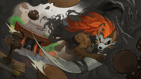anthro building clothing destruction detailed_background duo hair long_hair male mask melee_weapon motion_lines plant solo_focus sword tree weapon garrett_hanna rivals_of_aether claiyen_(tales_of_aether) forsburn hyena mammal hi_res official_art