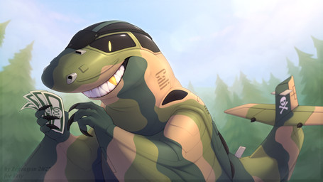 aircraft airplane ambiguous_gender blindfold camo claws cloud eye_patch eyewear finger_claws forest forest_background glowing glowing_eyes gold_(metal) gold_tooth money nature nature_background pirate plant smile solo tree vehicle zegzagun hybrid 16:9 2025 absurd_res hi_res widescreen