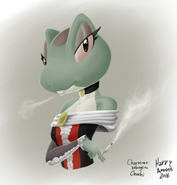 amputee anthro bedroom_eyes brooch disability eyelashes female half-closed_eyes looking_at_viewer narrowed_eyes pink_eyes seductive simple_background smoke smoking solo teeth text harry_amoros beatriz_overseer beatriz_resont amphibian frog 2016 english_text