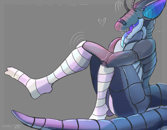 antennae_(anatomy) anthro big_ears biped clothing countershading cute_fangs digitigrade eyeless fangs featureless_crotch femboy grey_background grey_body grey_countershading heart_symbol iridescent_ears legwear machine male male_anthro mostly_nude_anthro mostly_nude_male motion_lines open_mouth side_view simple_background sitting solo stockings tail teeth tongue tongue_out webberthederg laszlo_(komuros) robot robot_anthro synth_(vader-san) 2024 absurd_res colored digital_drawing_(artwork) digital_media_(artwork) hi_res shaded signature