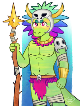 anthro bandage bandaged_arm bandaged_leg blush blush_lines bodypaint bone clothed clothing collar face_paint gold_(metal) gold_jewelry green_body headgear headwear holding_object holding_staff jewelry male male_anthro markings pecs red_eyes skull solo staff tail topless topless_anthro topless_male tribal yellow_markings pink_marky terraria shimmered_witch_doctor witch_doctor_(terraria) lihzahrd lizard reptile scalie hi_res