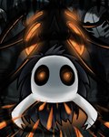 2_horns ambiguous_gender belly black_eyes cloak clothing corpse glowing hanged horn looking_at_viewer mask multi_eye orange_eyes scary solo white_head sol-lar-bink hollow_knight team_cherry nosk_(hollow_knight) infected_(species) monster 2019 4:5 digital_media_(artwork)