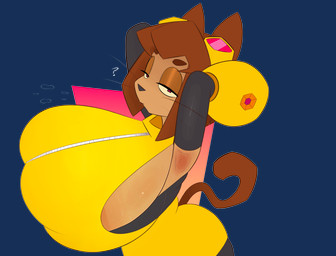 anthro big_breasts bodily_fluids breasts brown_ears brown_hair brown_tail clothed clothed_anthro clothed_female clothing eyewear eyewear_on_head female female_anthro goggles goggles_on_head hair high-angle_view huge_breasts looking_at_viewer narrowed_eyes nipple_outline question_mark raised_arm red_eyes shirt side_boob solo sweat sweaty_armpit sweaty_breasts tail tan_body topwear whiskers yellow_clothing ota_(artist) gameoverse glitch_productions kit_bodega domestic_cat felid feline felis mammal 2026 absurd_res alpha_channel hi_res