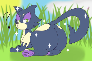 3_fingers 4_toes ambiguous_gender big_butt butt cloud confusion feet feral fingers fur grass green_eyes huge_butt looking_at_viewer multicolored_body multicolored_fur nude outside pawpads paws pink_pawpads plant question_mark solo sun toes two_tone_body two_tone_fur radiation. nintendo pokemon felid generation_5_pokemon mammal pokemon_(species) purrloin shiny_pokemon 2019 absurd_res digital_media_(artwork) hi_res