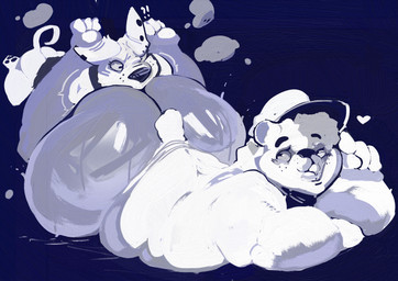 anthro belly big_belly big_butt bodily_fluids butt clothing duo face_in_ass female fur hat headgear headwear huge_butt male male/female nude obese obese_male overweight overweight_anthro overweight_male simple_background tail thick_thighs wide_hips yo_zee bear canid canine canis domestic_dog mammal digital_media_(artwork) hi_res