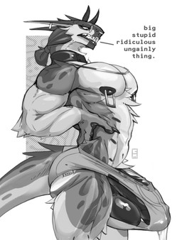 annoyed anthro balls big_balls big_muscles big_pecs big_penis bodily_fluids clothing dialogue dripping erection erection_under_clothing fangs genital_fluids genitals huge_balls huge_penis huge_thighs male muscular muscular_anthro muscular_arms muscular_legs muscular_male muscular_thighs nipple_piercing nipples pecs penis piercing precum precum_drip precum_through_clothing precum_through_underwear sharp_teeth solo tail teeth tenting text thick_arms thick_penis thick_thighs underwear wet wet_clothing creaturemuse garrett_(creaturemuse) ambiguous_species unknown_species absurd_res english_text hi_res monochrome