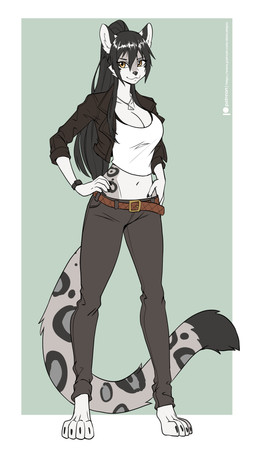 anthro belt black_hair bottomwear breasts brown_eyes clock clothing female hair jewelry long_hair looking_at_viewer navel necklace pants ponytail shirt solo tail topwear watch wristwatch alanscampos felid mammal pantherine snow_leopard 2022 absurd_res hi_res
