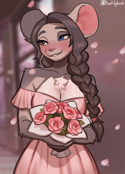 anthro biped blush breasts chest_tuft clothed clothed_anthro clothed_female clothing dress eyelashes female fingers freckled_face freckles front_view fur hair heterochromia inside long_eyelashes smile solo standing teeth tuft lentilghost ashe_frost_(lentilghost) mammal mouse murid murine rodent 2026 digital_drawing_(artwork) digital_media_(artwork) hi_res