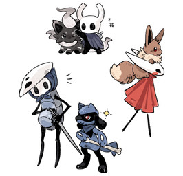 2_horns ambiguous_gender anthro biped black_eyes black_text brown_body brown_fur cheek_spots closed_smile empty_eyes feral fluffy fluffy_tail fur group holding_melee_weapon holding_object holding_weapon horn melee_weapon mouth_closed neck_tuft one_eye_closed paws pupils quadruped red_eyes simple_background smile sparkles standing tail text tuft walking weapon white_background white_pupils white_sclera aaasakawa hollow_knight_(franchise) nintendo pokemon team_cherry hornet_(hollow_knight) quirrel_(hollow_knight) the_knight_(hollow_knight) arthropod eevee generation_1_pokemon generation_4_pokemon generation_8_pokemon hisuian_form hisuian_zorua pokemon_(species) regional_form_(pokemon) riolu vessel_(species) 2026 crossover hi_res