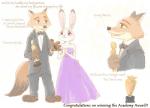 2017 academy_awards anthro award canid canine clothed clothing disney duo english_text female fox fur holding_award holding_object holding_oscar_statuette judy_hopps lagomorph leporid long_ears male mammal nick_wilde oscar_statuette rabbit red_fox text tomiko2910 true_fox zootopia