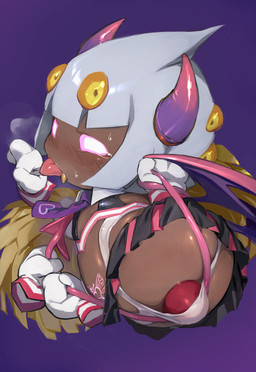 2_horns accessory ambiguous_gender aroused aroused_face bedroom_eyes blush blush_lines bodily_fluids bottomwear breath brown_body butt cheerleader clothed clothed_humanoid clothing clothing_pull fangs fellatio_gesture fingers gesture grey_hair hair heart_symbol horn looking_at_viewer looking_back looking_back_at_viewer membrane_(anatomy) membranous_wings multi_eye multi_limb narrowed_eyes necktie open_mouth orange_eyes panties panty_pull pom_poms purple_background purple_eyes rear_view seductive simple_background solo spade_tail suggestive suggestive_gesture suggestive_look suggestive_pose sweat tail tears teeth tongue tongue_out topwear underwear underwear_pull white_eyes wings womb_tattoo unso kirby:_triple_deluxe kirby_(series) nintendo team_kirby_clash_deluxe taranza arachnid arthropod humanoid spider spidr 2026 digital_media_(artwork) hi_res japanese_description male_(lore)