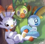 ambiguous_gender biped feral fur group open_mouth paws smile starter_trio trio sarox nintendo pokemon generation_8_pokemon grookey lagomorph mammal pokemon_(species) primate reptile scalie scorbunny sobble 2019 hi_res