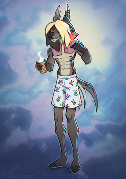 abs abstract_background accessory anthro beverage blonde_hair blue_body blue_eyes boxers_(clothing) brown_body brown_fur brown_hair clothing coffee coffee_mug emoticon_on_clothing eyebrow_piercing facial_piercing fangs fingers fur hair hooved_fingers hooved_plantigrade hooved_toes hooves horn male nipple_piercing nipples orange_hair piercing plantigrade solo standing striped_body stripes tail tan_body teeth underwear wet_hair diaminerre neth_(diaminerre) cervine deer mammal muntjac 2026 digital_media_(artwork) full-length_portrait portrait signature watermark