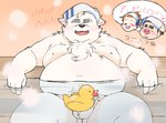 anthro bathing belly big_belly eyes_closed kemono male moobs nipples overweight overweight_male rubber_duck text towel towel_on_head water inunoshippo canid canine canis domestic_dog mammal 2024 hi_res japanese_text