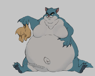 ambiguous_gender anthro belly big_belly big_breasts breasts duo eyebrows featureless_breasts female fur huge_belly obese overweight overweight_anthro overweight_female pawpads simple_background text dwarf_lover mewgenics guillotina_(mewgenics) domestic_cat felid feline felis mammal 2026 artist_name