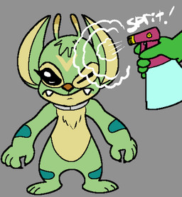 3_toes 4_fingers ambiguous_gender annoyed antennae_(anatomy) arm_markings black_claws brown_nose chest_tuft claws collar collar_only disembodied_hand duo facial_markings fangs feet fingers forehead_markings frown grey_body head_markings head_tuft leg_markings male markings multicolored_antennae nude one_eye_closed semi-anthro solo_focus spray_bottle spraying standing teeth text toes tuft anonymous_artist disney lilo_and_stitch anon bonnie_(lilo_and_stitch) alien experiment_(lilo_and_stitch) 2020 aliasing digital_media_(artwork) flat_colors