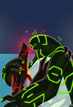 1_eye 4_fingers black_body blue_background circuit_markings claws countershading cuddling duo fingers glistening glistening_body green_markings heart_symbol light markings metallic_body not_furry overweight red_markings silver_countershading simple_background size_difference star_(marking) white_body white_countershading lumen_fox ben_10 cartoon_network aether_(strawberryoverlord) fan_character malware_(ben_10) alien galvanic_mechamorph goo_creature comic hi_res lighting shaded