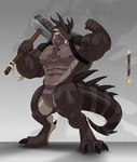 abs anthro backpack_strap biceps biped brown_body brown_scales brown_skin claws facial_horn facial_spikes featureless_crotch fist flexing foreshadowing gradient_background hammer holding_object holding_weapon horn looking_aside male markings muscular muscular_anthro muscular_arms muscular_male muscular_thighs nipples palette pecs scales serratus shield shield_on_back simple_background solo spiked_tail spikes spikes_(anatomy) standing straps striped_markings striped_tail stripes tail tail_markings tan_body tan_skin tattoo toe_claws tools triceps viking weapon valentinesartx mythology dragon mythological_creature mythological_scalie scalie wingless_dragon 2024 absurd_res hi_res