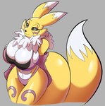 anthro big_breasts black_sclera blue_eyes breasts chest_tuft cleavage cleavage_overflow clothed clothing dipstick_tail female fur huge_breasts markings pupils slit_pupils smile solo tail tail_markings tuft white_body white_fur wide_hips solratic bandai_namco digimon canid digimon_(species) mammal renamon hi_res