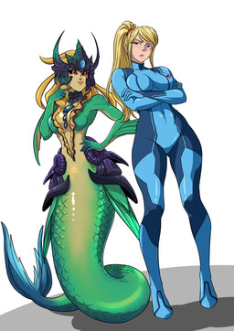 annoyed bodysuit clothing crossover_ship duo female female/female fin fish_tail gesture hand_gesture happy legless pointing pointing_at_self skinsuit smile split_form tail tail_fin tight_clothing tsundere shukeiart league_of_legends metroid nintendo riot_games tencent nami_(lol) samus_aran aquatic human humanoid mammal merfolk absurd_res crossover hi_res