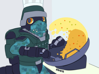 anthro armor blue_body chef_hat clothing cooking cookware food fried_rice frying_pan hat headgear headwear helmet kitchen_utensils male rice solo tools yellow_eyes notaventura bandai_namco digimon digimon_beatbreak commandramon digimon_(species) scalie hi_res