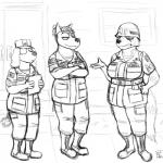 armor army big_breasts breasts clothed clothing female group headgear helmet military soldier text uniform warrior komododad avery_von_kellerman paige_dubois peggy_patterson canid canine canis dobermann domestic_dog fox mammal pinscher 1:1 2018 black_and_white english_text hi_res monochrome