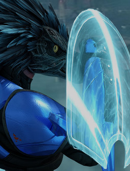 anthro arm_shield armor avian_caruncle beak blue_body blue_feathers clothed clothing energy_shield feather_hair feathered_crest feathers female fist grey_body grey_scales head_crest looking_at_viewer looking_back looking_back_at_viewer pseudo_hair pupils rear_view scales slit_pupils solo yellow_eyes hackrazor1012 pickle_juice_(modeler) halo_(series) microsoft xbox_game_studios alien avian kig-yar scalie t'vaoan 3d_(artwork) colored digital_media_(artwork) hi_res portrait