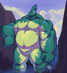 anthro fin green_body head_fin joungi_(jasperthecrab) male musclegut muscular muscular_male rock sea solo water jasperthecrab fish marine shark hi_res