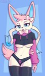 anthro anthrofied bedroom_eyes blep blue_background blue_eyes breasts clothed clothing diamond_pupils female legwear looking_at_viewer narrowed_eyes panties pokemorph seductive simple_background solo thigh_highs tongue tongue_out under_boob underwear coffeefly meme_clothing nintendo paggi_outfit pokemon arbie_lyvias eeveelution generation_6_pokemon pokemon_(species) sylveon hi_res meme