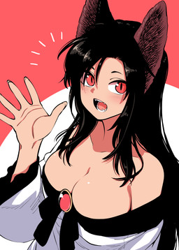 :d bare_shoulders big_breasts black_hair breasts brooch brown_ears cleavage clothed clothing dress female gem gesture hair jewelry looking_at_viewer open_mouth pupils red_eyes slit_pupils smile solo waving waving_at_viewer white_clothing white_dress urazasa touhou kagerou_imaizumi animal_humanoid canid canid_humanoid canine canine_humanoid humanoid mammal mammal_humanoid wolf_humanoid absurd_res hi_res