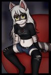 adolescent anthro clothed clothing crop_top female fur grey_body grey_fur grey_hair hair legwear looking_at_viewer midriff navel shirt solo topwear yellow_eyes young young_anthro young_female dream_mirage canid canine canis mammal wolf absurd_res hi_res