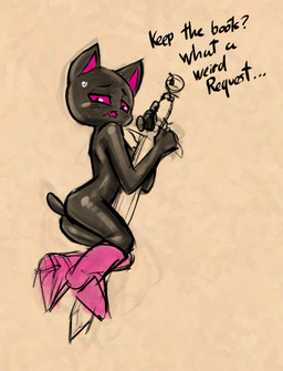 anthro biped black_body black_eyes blush blush_lines bodily_fluids boots boots_only breasts butt clothing dialogue female footwear footwear_only holding_melee_weapon holding_object holding_sword holding_weapon melee_weapon mostly_nude open_mouth pink_boots pink_clothing pink_footwear pink_sclera shoes side_view simple_background small_breasts solo sweat sweatdrop sword teeth text weapon soulcentinel immerrechthau_(pinkmoth) magpie_(pinkmoth) domestic_cat felid feline felis mammal 2023 character_request english_text sketch