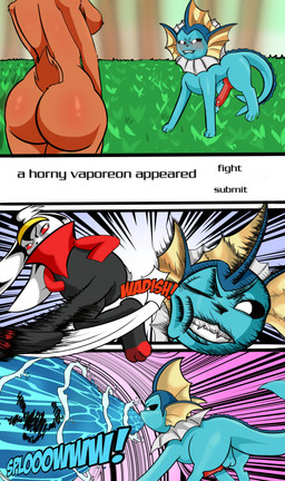 animal_genitalia animal_penis anthro balls bite biting_lip butt cum_dripping_from_penis erection female feral fight genitals male nude nude_female penis text pantyking nintendo pokemon eeveelution generation_1_pokemon generation_4_pokemon generation_8_pokemon lopunny pokemon_(species) raboot vaporeon absurd_res comic english_text hi_res
