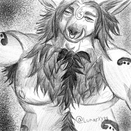 anthro armpit_hair barazoku body_hair chest_hair chest_tuft facial_piercing happy_trail male markings nose_piercing nose_ring pecs piercing ring_piercing solo tuft vareth lunarxy deer mammal spirit 1:1 hi_res sketch
