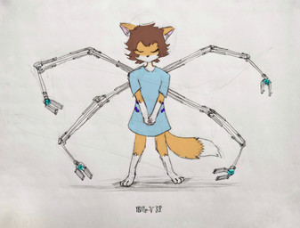 anthro blue_clothing blue_shirt blue_topwear brown_hair clothed clothing eyes_closed female fur hair machine mechanical_arm orange_body orange_fur pantsless robotic_arm shirt solo topwear young 10ne-v alexa_(10ne-v) canid canine fox mammal robot 2022 absurd_res hi_res traditional_media_(artwork)