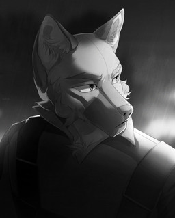 anthro cheek_tuft chest_tuft clothed clothing facial_tuft front_view glistening glistening_eyes inner_ear_fluff male mouth_closed raining simple_background solo text tuft unknowhiter canid mammal 2022 artist_name bust_portrait hi_res monochrome portrait