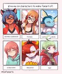 ambiguous_gender anthro blush claws clothing crown cute_fangs eyes_closed eyewear female feral gesture glasses hand_gesture headgear heart_symbol horn looking_at_viewer one_eye_closed partitioning solo text tiara v_sign evomanaphy atlus brand_new_animal disney fire_emblem fire_emblem_awakening megami_tensei megami_tensei_persona miss_kobayashi's_dragon_maid nintendo persona_(series) persona_5 pokemon sega six_fanarts_challenge star_vs._the_forces_of_evil studio_trigger futaba_sakura hekapoo kobayashi_(dragon_maid) michiru_kagemori nah_(fire_emblem) canid canine demon demon_humanoid eeveelution generation_1_pokemon horned_humanoid human humanoid mammal manakete pokemon_(species) raccoon_dog tanuki vaporeon english_text hi_res meme multiple_images